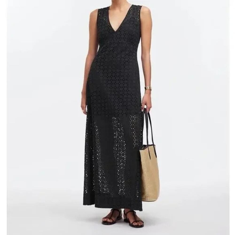 NWT Madewell Eyelet Lace Sleeveless VNeck Maxi Dress Zip Up Back Pockets 4 Black
